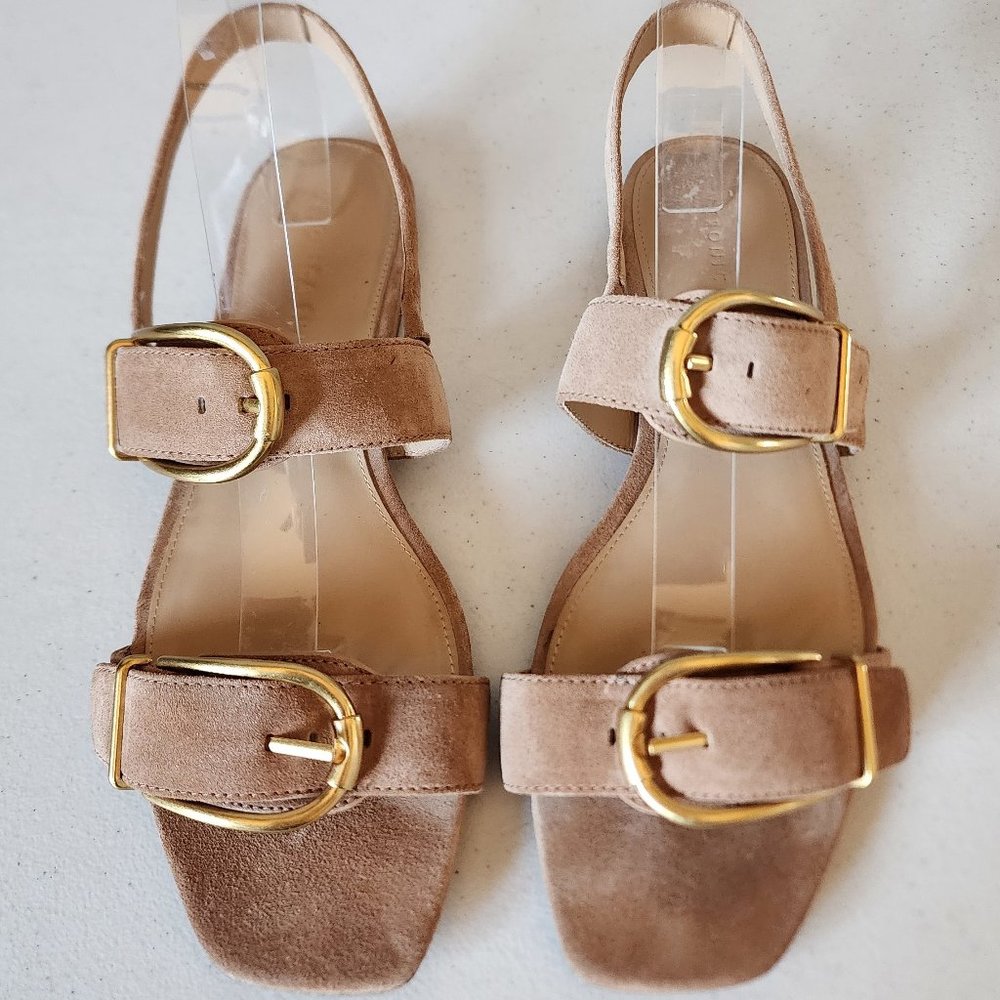Veronica Beard Maglio Tan Buckle Strap Sandals with Gold Hardware - Picture 2 of 16